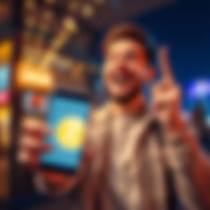 Person celebrating their first Litecoin purchase, looking happy and excited with a smartphone in hand showing the Litecoin logo