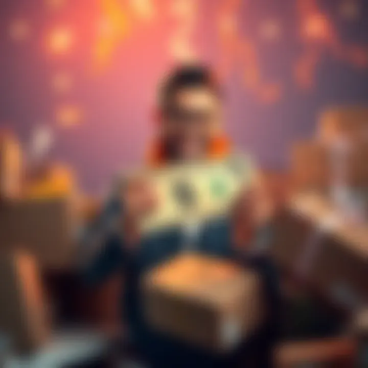 A person smiling while holding a dollar bill, surrounded by parcels and packages, reflecting on their first profit experience.