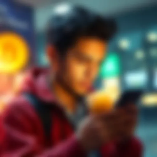 New buyer looking at Bitcoin investment on a smartphone with a €100 note in hand, contemplating streaming subscriptions,