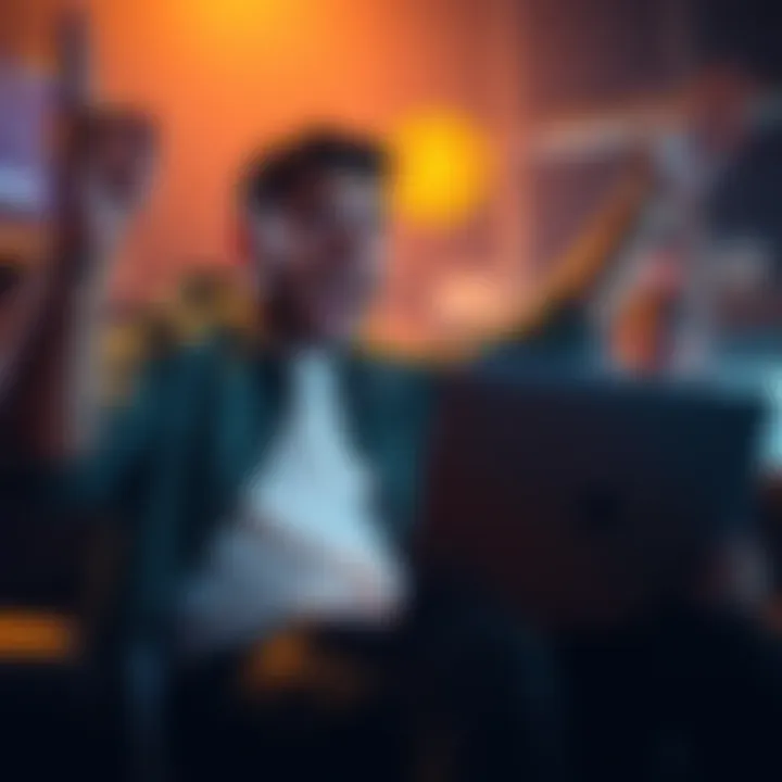A newcomer celebrating their first Bitcoin purchase with a laptop and excited expressions.