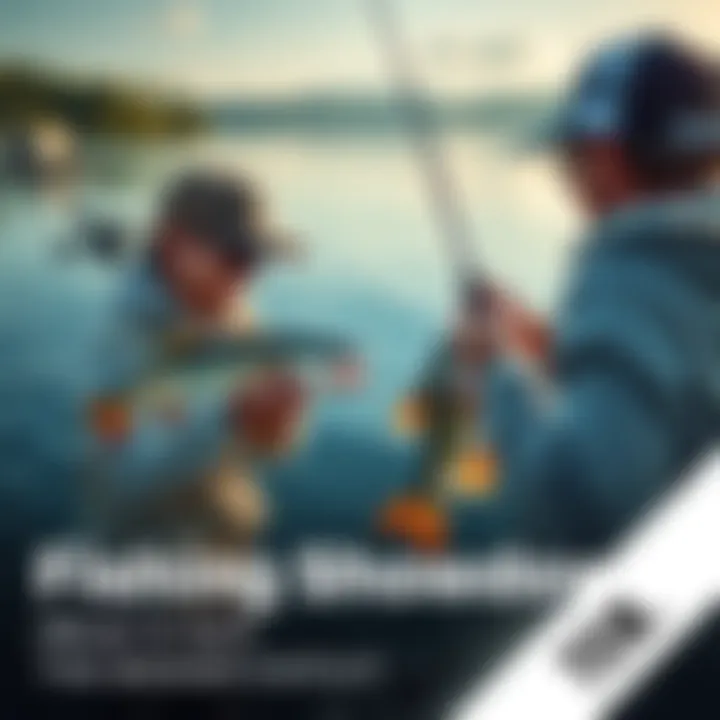 Two fishermen face off in a competitive fishing match, each trying to catch the biggest fish possible in a scenic lake setting.