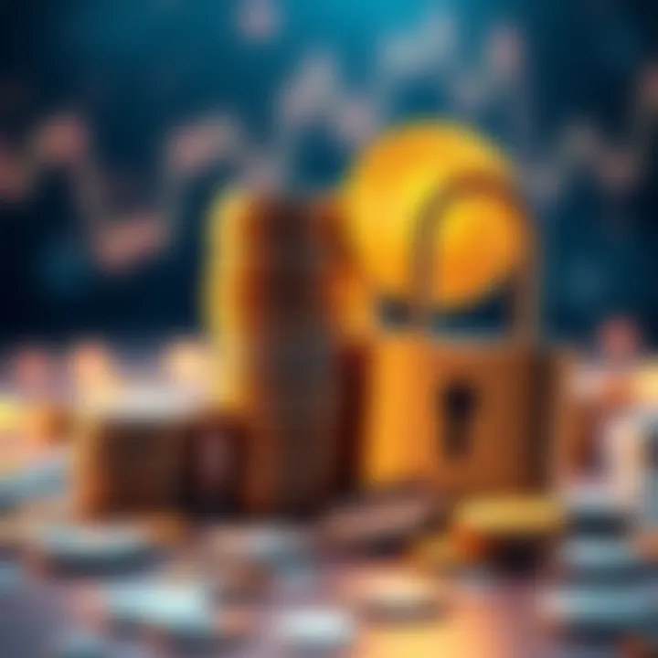 Illustration showing a stack of coins, cryptocurrency symbols, and a lock representing secure investments in fixed savings options.