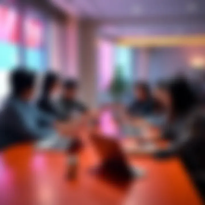 A group of people discussing Flipkart GRiD 8.0 Round 1 updates with laptops and notepads at a table.