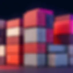 A collection of foldable shipping containers neatly stacked, showcasing their compact design for efficient storage.