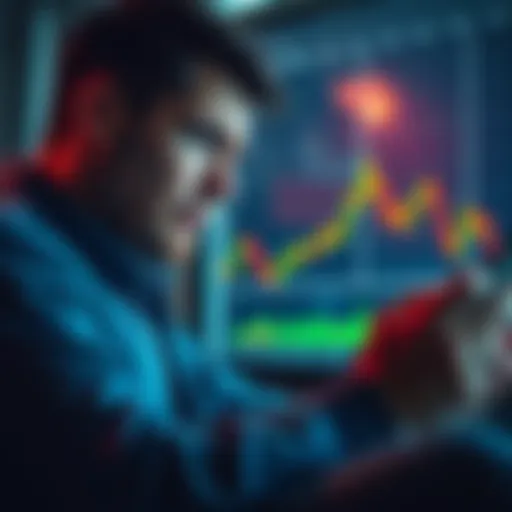 FOMO Investor Losing Money A worried investor looking at a stock chart showing rising prices but a declining balance in the trading account.