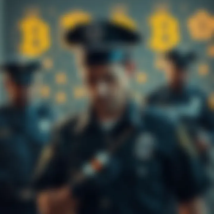 Former LAPD officer in handcuffs A former LAPD officer in handcuffs being led away by police, with cryptocurrency symbols in the background