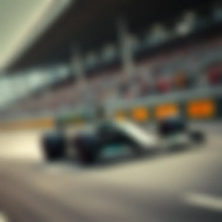 A sleek Formula 1 race car speeding on a racetrack with enthusiastic fans in the background