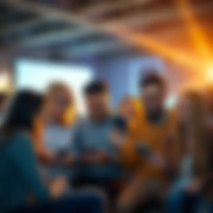 A group of people engaged in a lively discussion on their devices, celebrating the growth of a forum channel, with upbeat expressions.