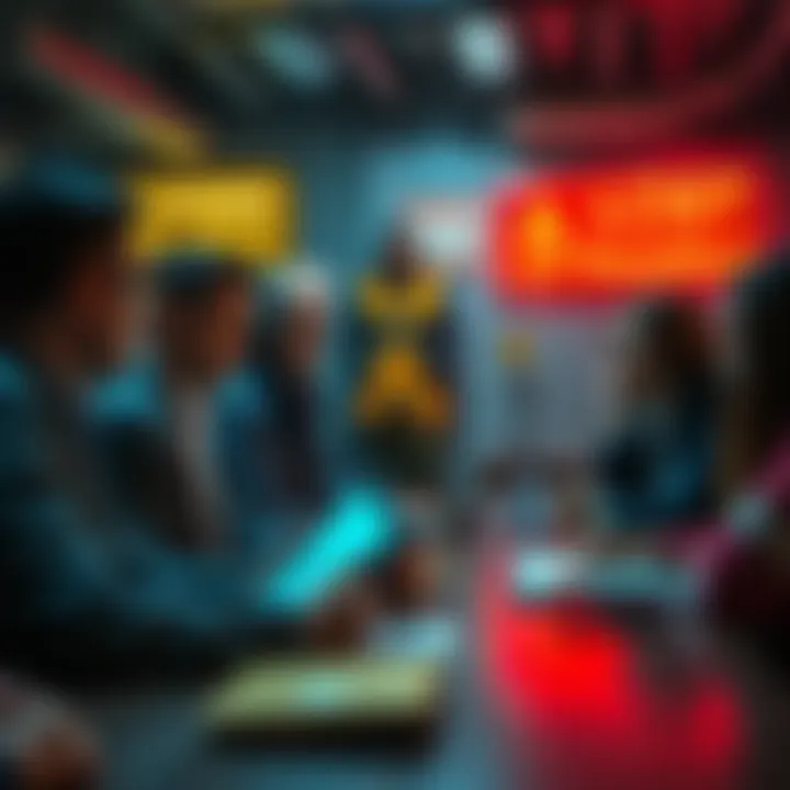 A group of forum moderators discussing post removals, with a warning sign in the background, reflecting the community's concerns about support and moderation.