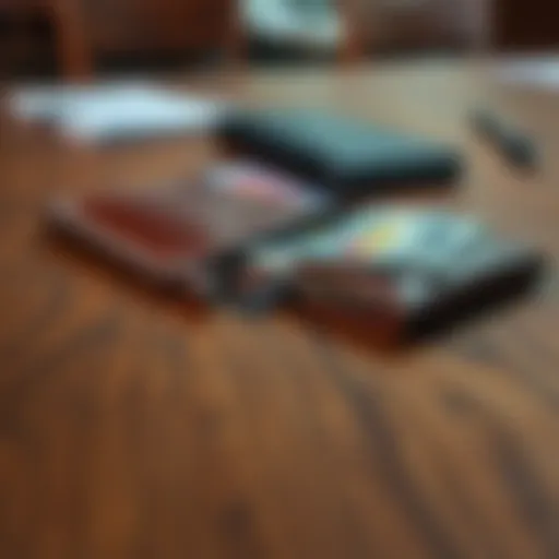 A brown leather wallet lying open on a wooden table, showing some cards and cash inside.