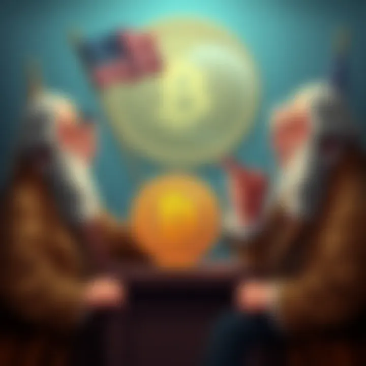 Illustration of historical figures resembling the Founding Fathers debating over Bitcoin and fiat currency, with a background of early American symbols.