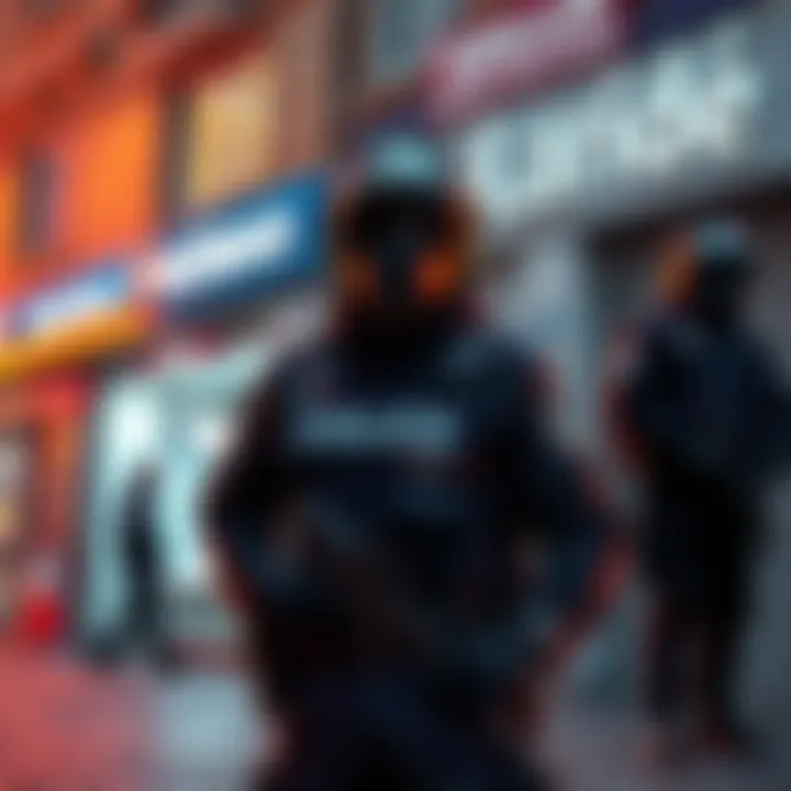 A police officer standing guard near a cryptocurrency exchange, reflecting heightened security due to recent kidnappings.