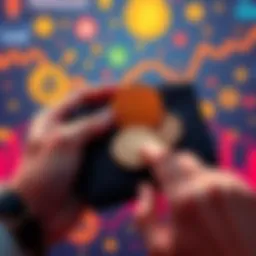 A person holding a digital wallet showing Solana coins with a background of memecoins graphics.