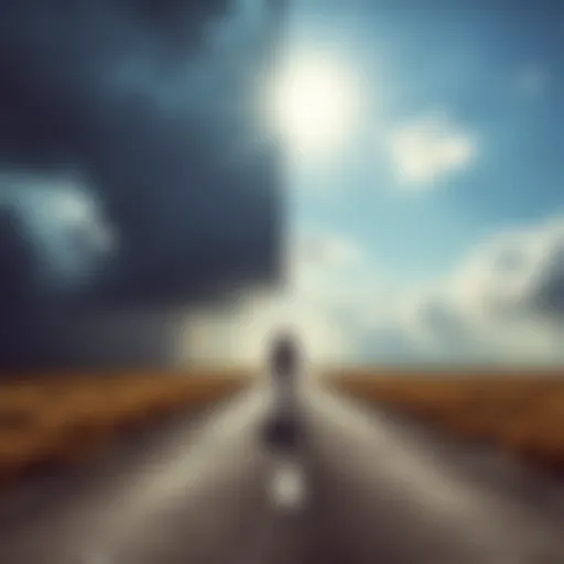 Free Will and Determinism Concepts A person standing at a crossroads symbolizing the choice between free will and determinism, with one path leading to a bright sun and the other to a cloudy sky.