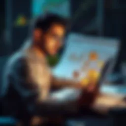 Freelancer considering savings options A freelancer examines digital currencies on a laptop while contemplating savings in USDT, with charts and financial documents around