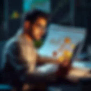 Freelancer considering savings options A freelancer examines digital currencies on a laptop while contemplating savings in USDT, with charts and financial documents around