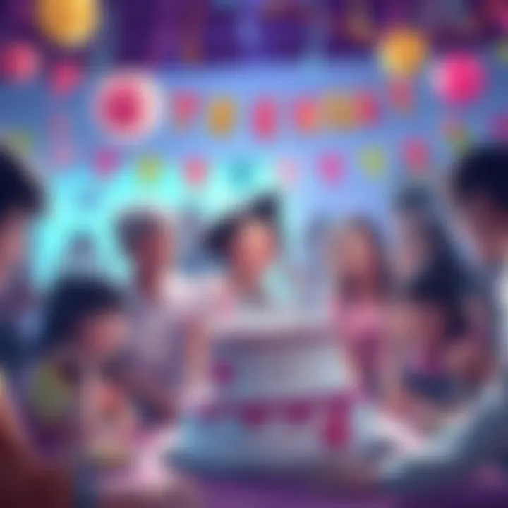 A joyful gathering of fans celebrating Freesia's birthday with cake and decorations in a festive atmosphere.