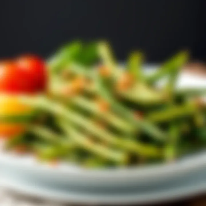 A colorful plate featuring fresh green beans, seasoned and ready to eat, showcasing a vibrant dinner option,
