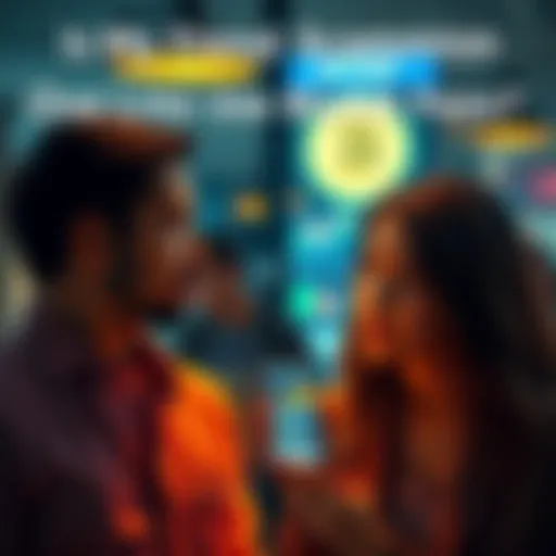 A woman looking concerned while talking to a man about Bitcoin and Bybit fees, with a smartphone showing charts in the background.