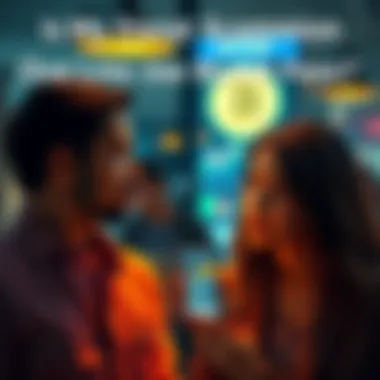 Friend Discussing Bitcoin Fees A woman looking concerned while talking to a man about Bitcoin and Bybit fees, with a smartphone showing charts in the background.