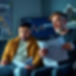 A frustrated man looking at a screen showing plummeting cryptocurrency values, while a confident person sits beside him with a 401k statement, illustrating their differing financial perspectives.