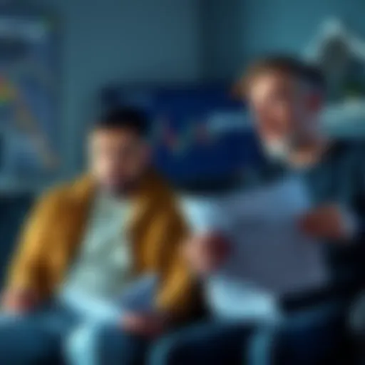 A frustrated man looking at a screen showing plummeting cryptocurrency values, while a confident person sits beside him with a 401k statement, illustrating their differing financial perspectives.