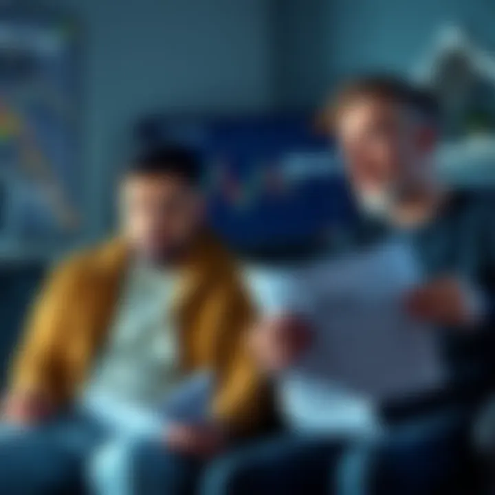 Friend Reacting to Crypto Losses A frustrated man looking at a screen showing plummeting cryptocurrency values, while a confident person sits beside him with a 401k statement, illustrating their differing financial perspectives.