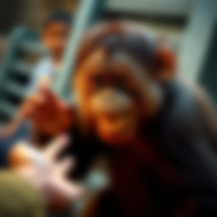 A playful orangutan reaching out to touch a person's hand, with a bright smile on its face.