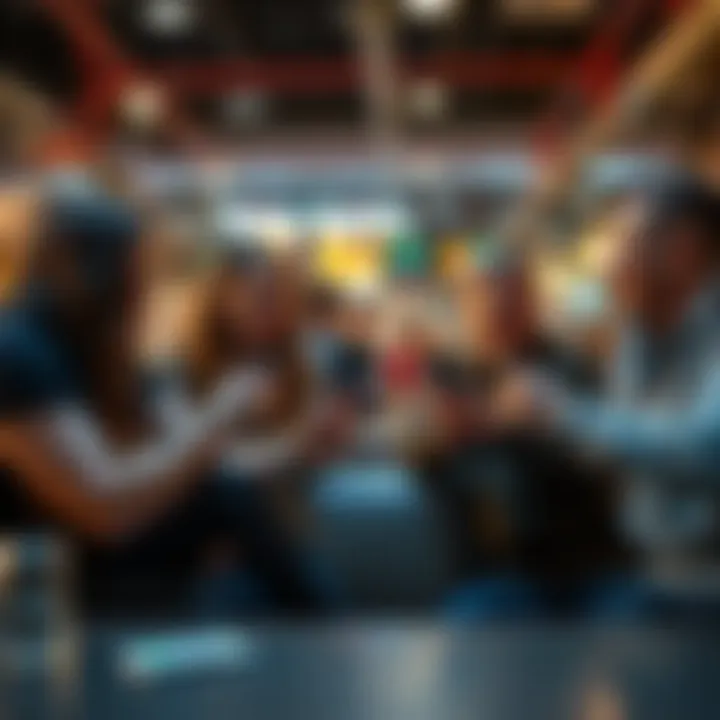 A group of friends joyfully exchanging Burner Cards while discussing crypto payments, symbolizing financial innovation.