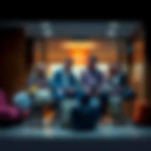 A group of 14 friends looking worried while holding bags in a hotel lobby, searching for accommodations after being scammed.
