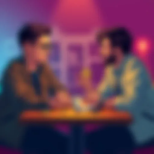 Friends arguing over Bitcoin Two friends sitting at a table, one frustrated while the other is excitedly discussing Bitcoin, showing a divide in their conversation.