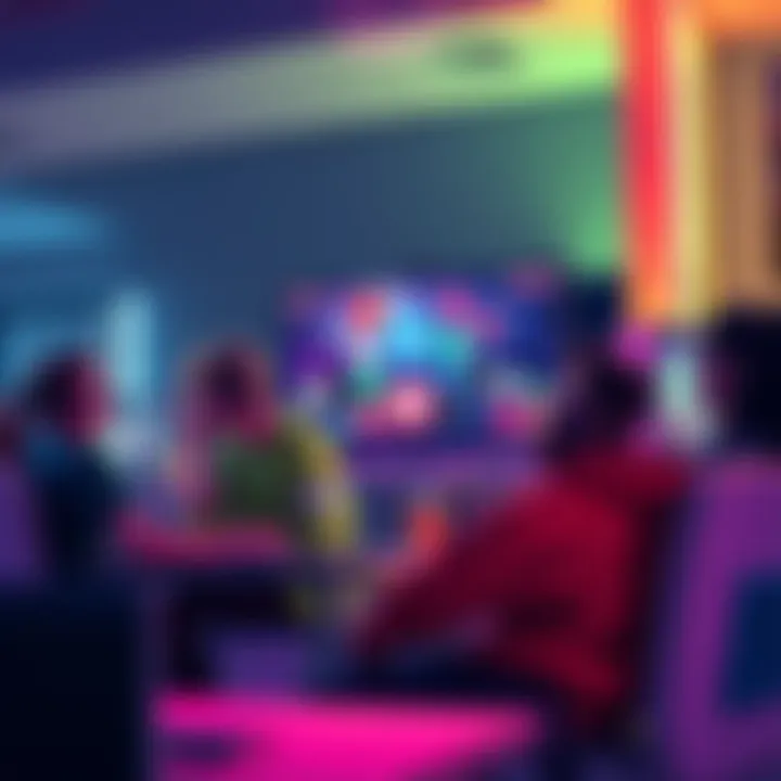 A group of gamers sitting together, playing Valorant on their computers while chatting and laughing, with social media icons on the screen, representing online friendships.