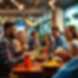 A group of friends enjoying a meal at a restaurant, smiling and laughing while sharing food, creating memories together.