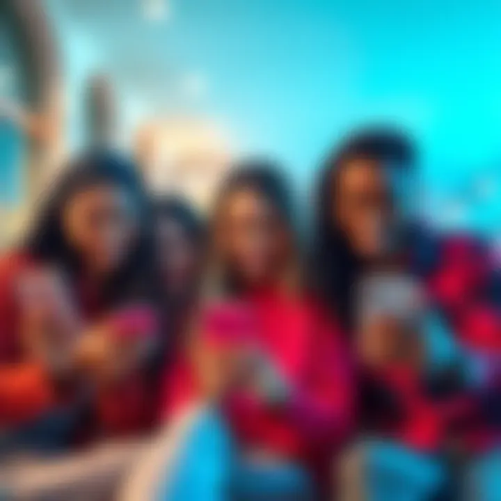 Group of friends smiling while using the Revolut app to send money to each other on their phones