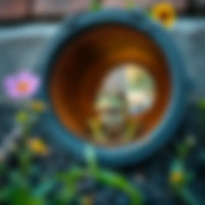 A friendly frog sitting in a drainage pipe outside a carport, surrounded by flowers and greenery.