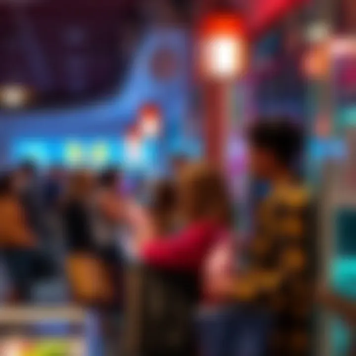 A busy froyo shop with people enjoying their frozen yogurt, discussing shopping missions and security concerns.
