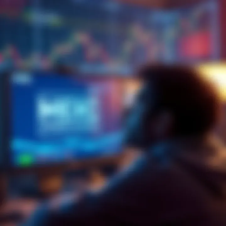 A person looking worried while staring at a computer screen showing a frozen account message, with cryptocurrency charts in the background.