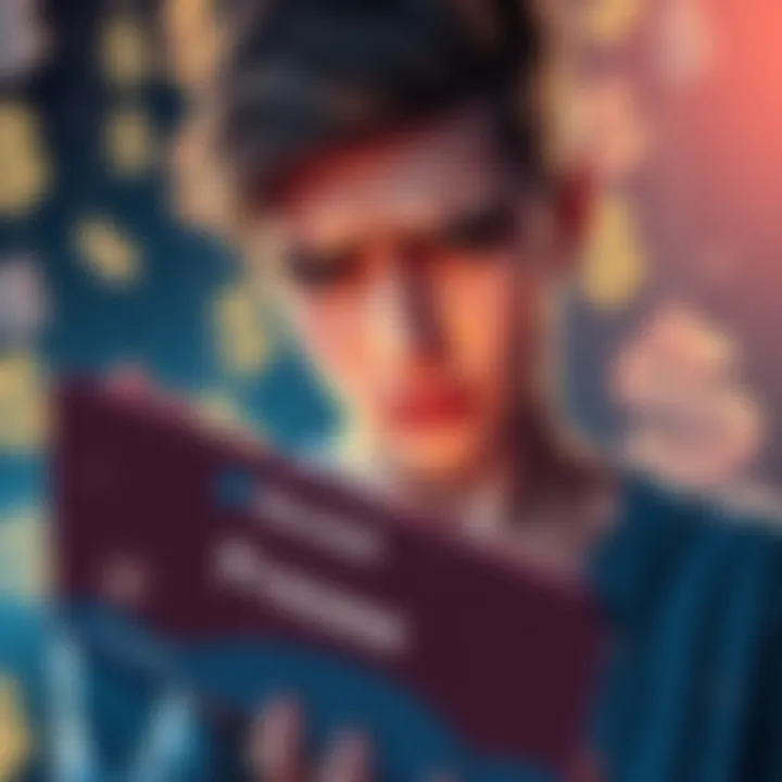 A stressed person looking at their phone with a worried expression, showing a banking app screen indicating account freeze, with a backdrop of suspended money symbols.