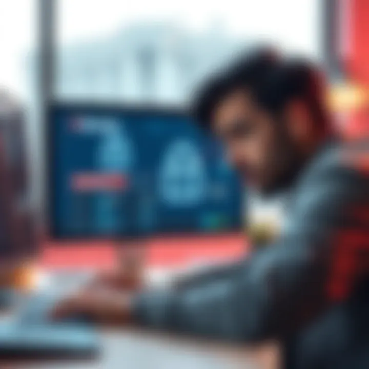 A worried small business owner looking at a computer screen with a locked bank account icon, showing frustration and concern over frozen funds.