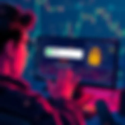 A worried person looking at their computer screen, showing a locked account message from HitBTC, with a background of cryptocurrency symbols and charts.