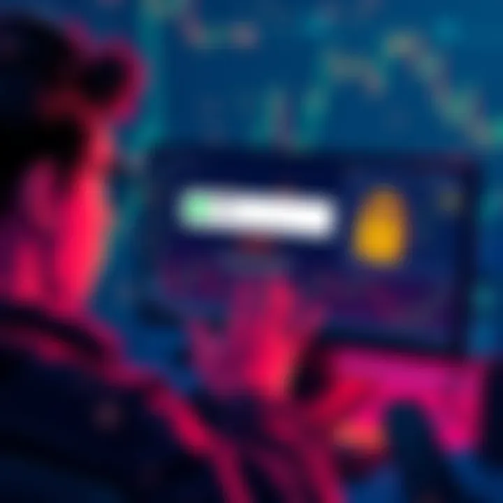 A worried person looking at their computer screen, showing a locked account message from HitBTC, with a background of cryptocurrency symbols and charts.