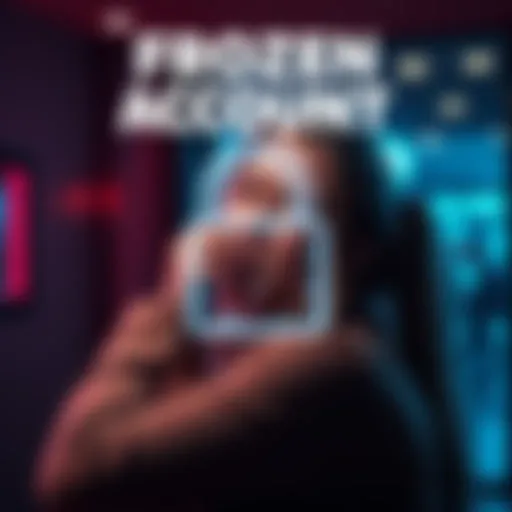 A graphic showing a locked bank account symbol with a sad customer in the background, representing the frustration of having funds frozen,