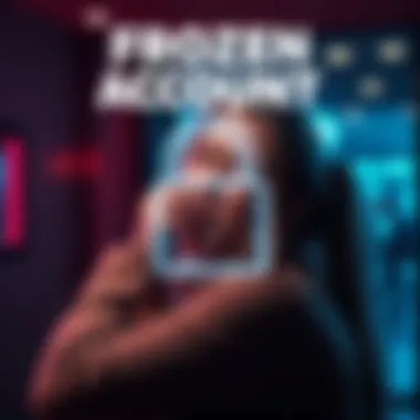 Frozen Neobank Account A graphic showing a locked bank account symbol with a sad customer in the background, representing the frustration of having funds frozen,