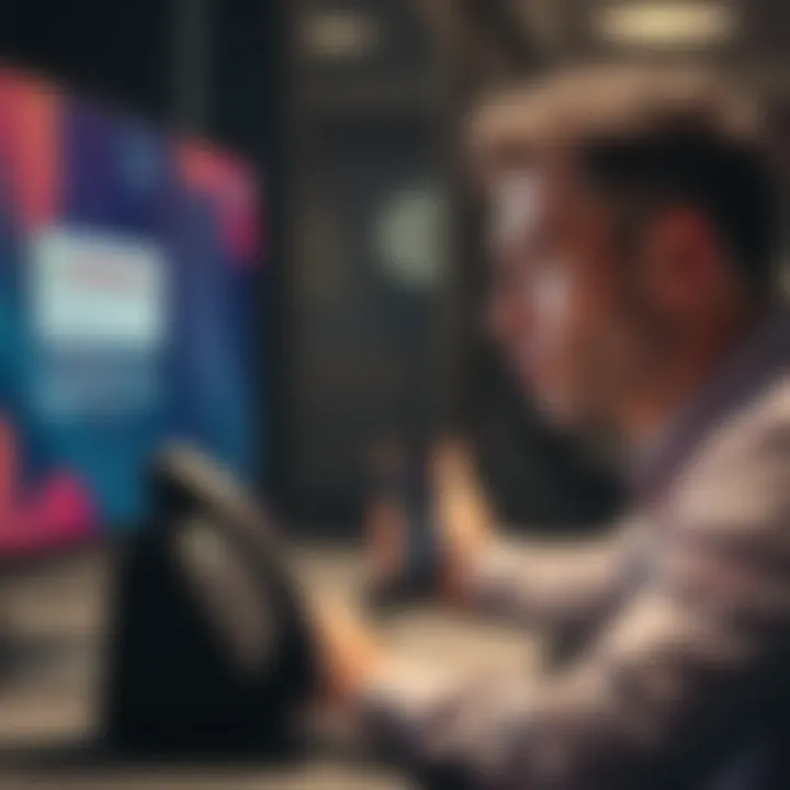 Frustrated business user with suspended account A frustrated business user looking at a computer screen, displaying account suspension notice and a telephone with a support hotline number. The user's expression shows disappointment and confusion about the situation.