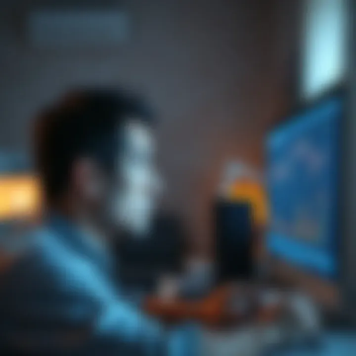 An investor looks worried while staring at a computer screen displaying stagnant investment graphs. The atmosphere is tense, reflecting emotional struggle over portfolio performance.