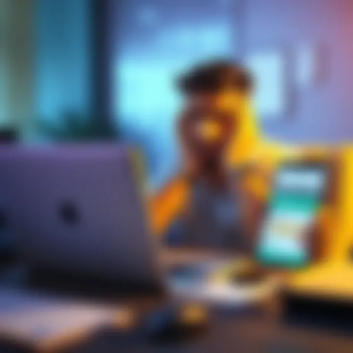 A person sitting at a desk, looking frustrated while attempting to access their Kraken account on a laptop, with an Authenticator app open on their phone showing a missing 2FA code