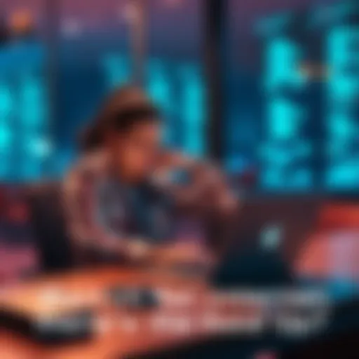A person sitting at a desk with a laptop showing a loading screen, looking frustrated while waiting for an internet connection.