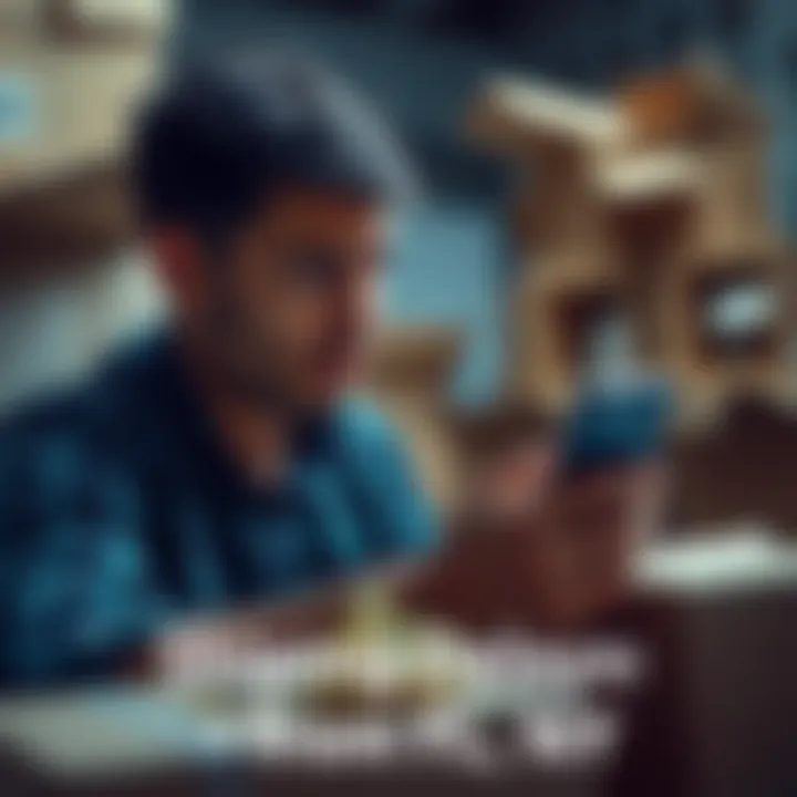 Frustrated auction winner A person looking stressed while checking their phone for shipping updates, surrounded by moving boxes and packing materials