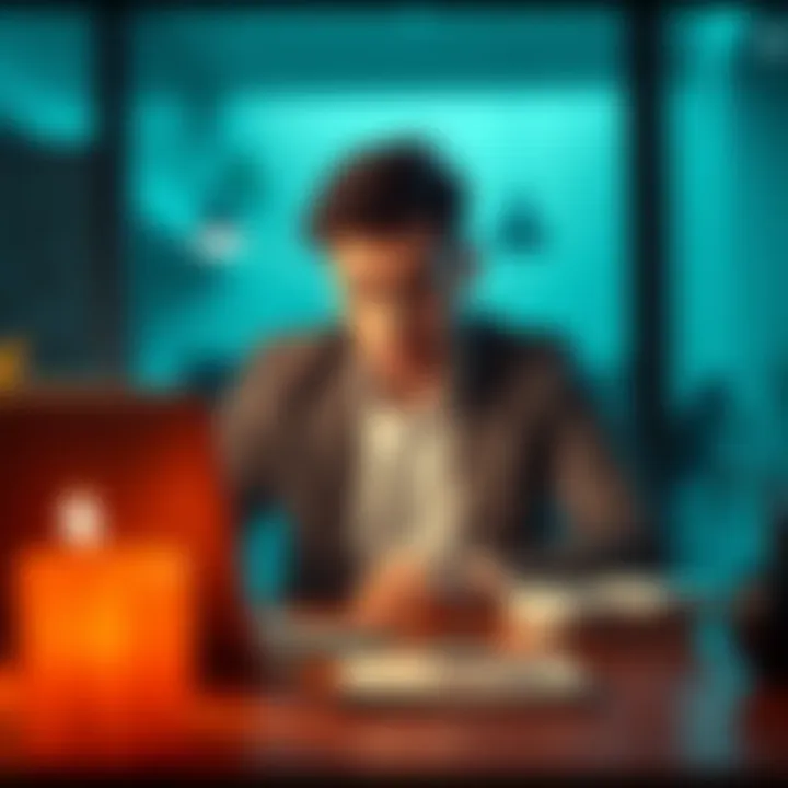 A business professional sitting at a desk, looking stressed and confused while staring at a laptop with a blocked account notification on the screen.