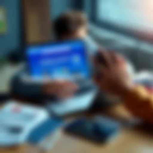 A person looking stressed while using a laptop showing the Coinbase website, surrounded by papers and a phone, indicating customer service struggles.